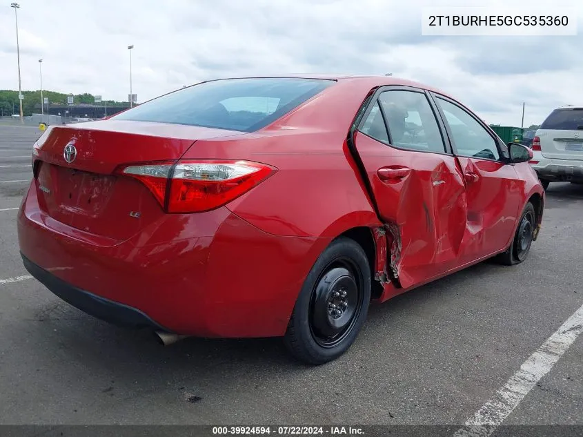 2016 Toyota Corolla Le VIN: 2T1BURHE5GC535360 Lot: 39924594