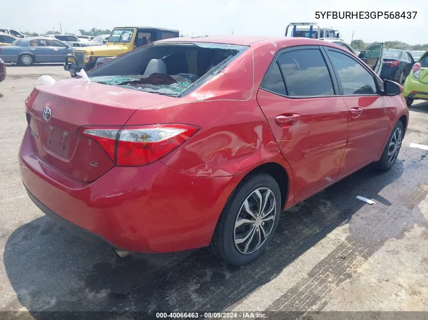 2016 Toyota Corolla Le VIN: 5YFBURHE3GP568437 Lot: 40066463