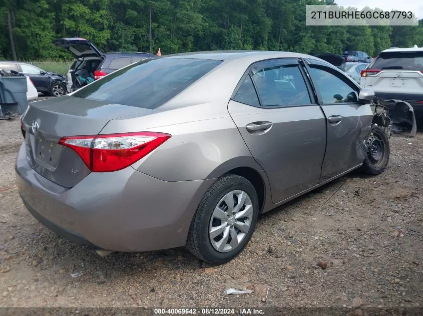 2016 Toyota Corolla Le VIN: 2T1BURHE6GC687793 Lot: 40069642