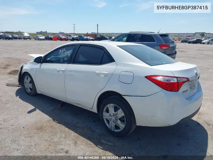 2016 Toyota Corolla Le VIN: 5YFBURHE8GP387415 Lot: 40140269