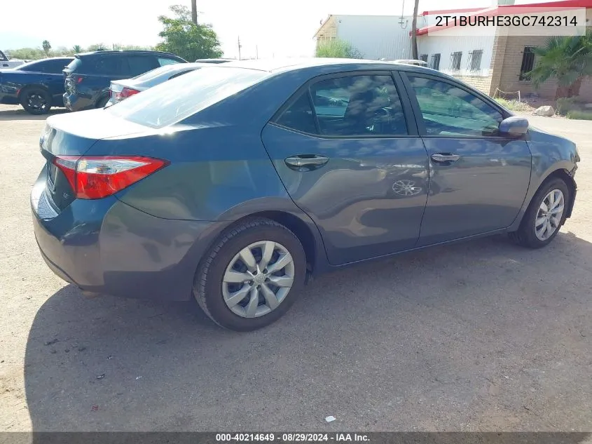 2016 Toyota Corolla Le VIN: 2T1BURHE3GC742314 Lot: 40214649