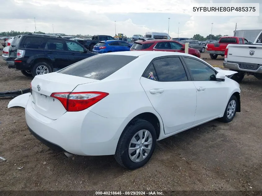 2016 Toyota Corolla L VIN: 5YFBURHE8GP485375 Lot: 40218645