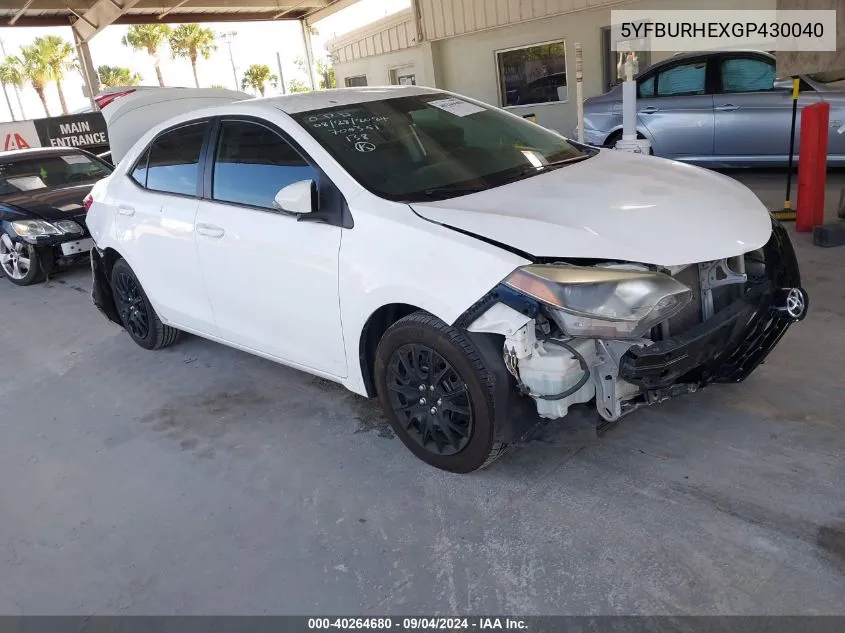 2016 Toyota Corolla L/Le/Le Pls/Prm/S/S Pls VIN: 5YFBURHEXGP430040 Lot: 40264680