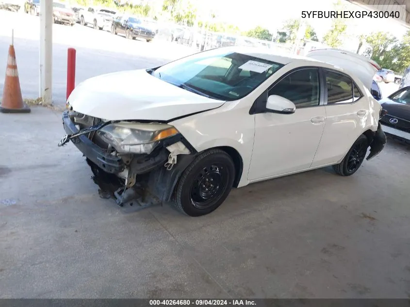 5YFBURHEXGP430040 2016 Toyota Corolla L/Le/Le Pls/Prm/S/S Pls