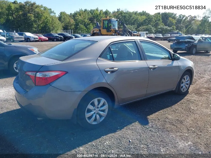 2016 Toyota Corolla Le VIN: 2T1BURHE5GC518834 Lot: 40286718