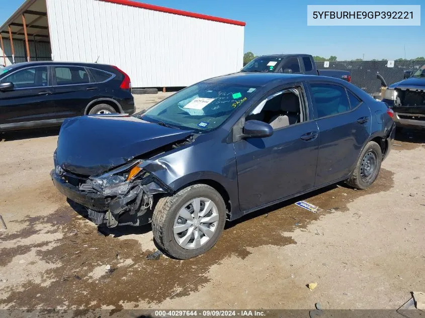 2016 Toyota Corolla Le VIN: 5YFBURHE9GP392221 Lot: 40297644