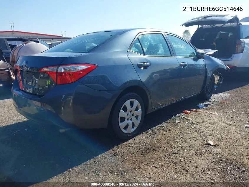 2016 Toyota Corolla Le VIN: 2T1BURHE6GC514646 Lot: 40308248