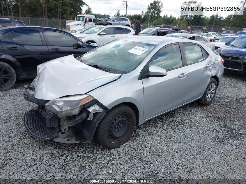 2016 Toyota Corolla Le VIN: 5YFBURHE6GP392855 Lot: 40316659