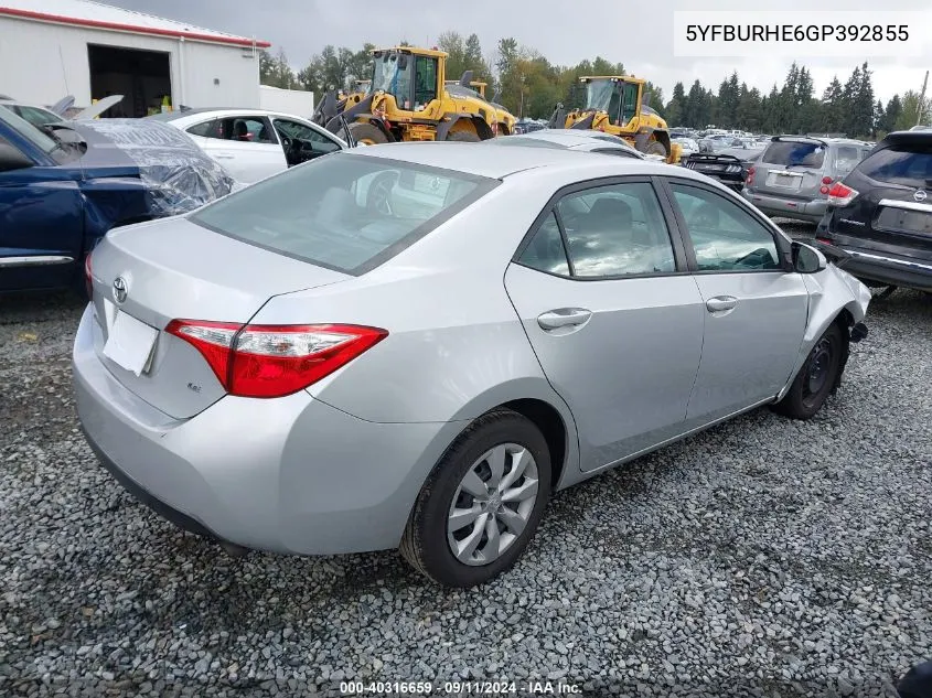 2016 Toyota Corolla Le VIN: 5YFBURHE6GP392855 Lot: 40316659