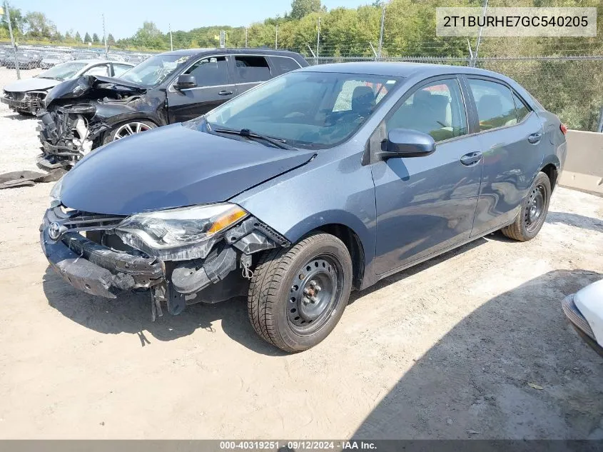 2016 Toyota Corolla L/Le/Le Pls/Prm/S/S Pls VIN: 2T1BURHE7GC540205 Lot: 40319251