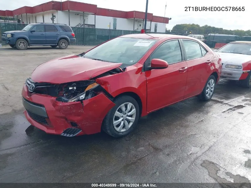 2016 Toyota Corolla Le VIN: 2T1BURHE0GC578665 Lot: 40349599