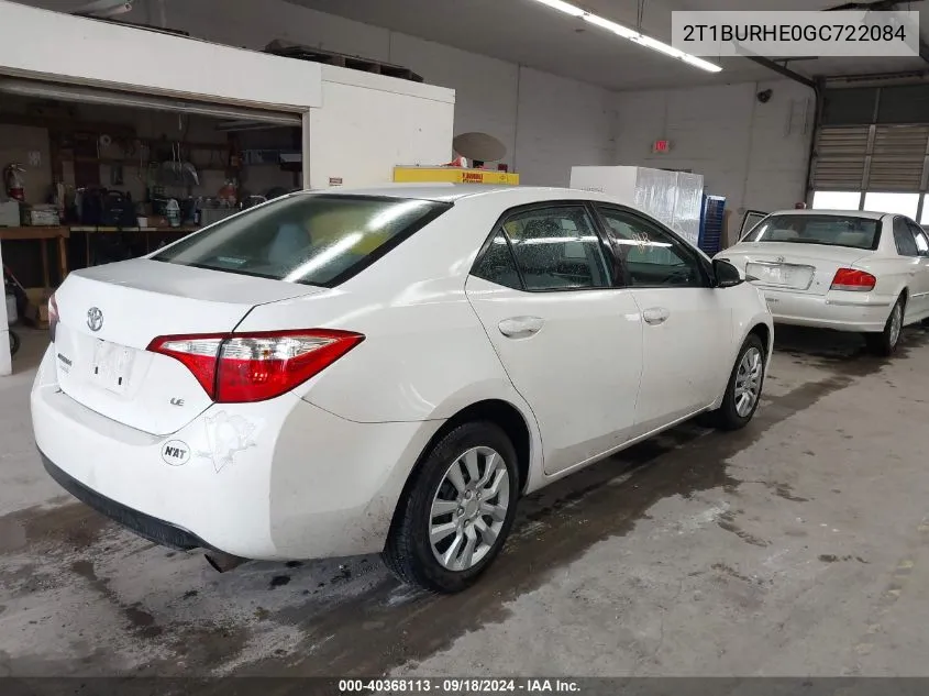 2016 Toyota Corolla Le VIN: 2T1BURHE0GC722084 Lot: 40368113