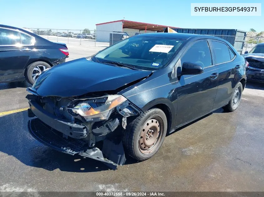 2016 Toyota Corolla Le VIN: 5YFBURHE3GP549371 Lot: 40372558