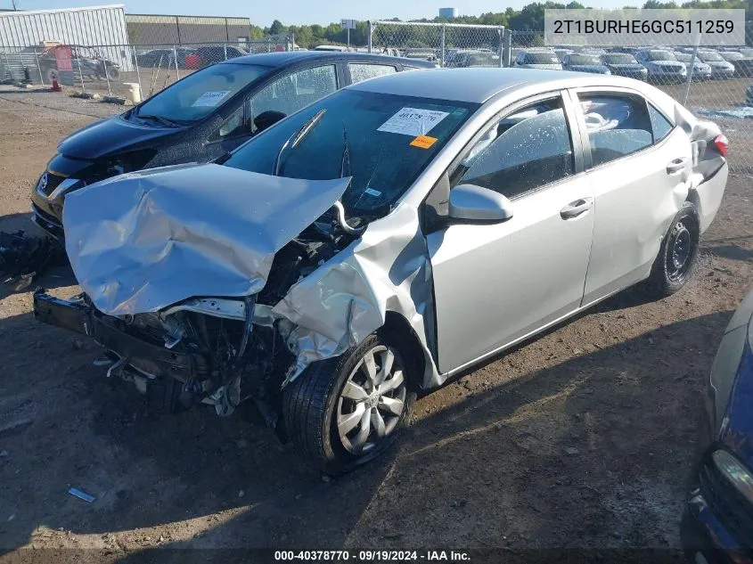 2016 Toyota Corolla Le VIN: 2T1BURHE6GC511259 Lot: 40378770