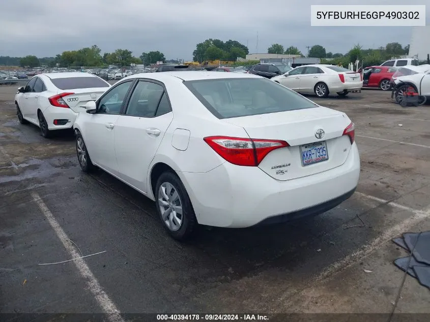 2016 Toyota Corolla Le VIN: 5YFBURHE6GP490302 Lot: 40394178