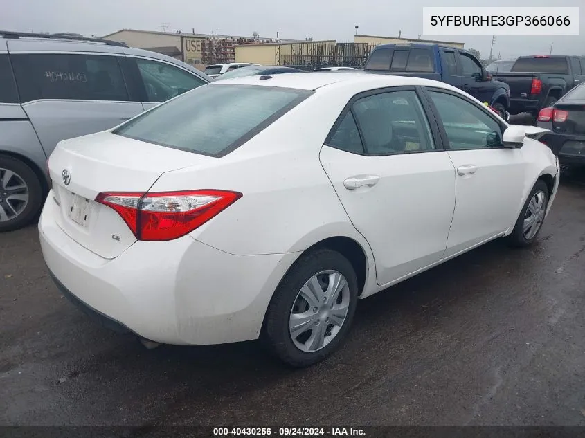 5YFBURHE3GP366066 2016 Toyota Corolla Le