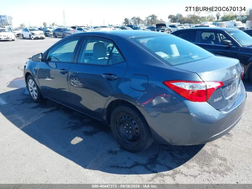 2016 Toyota Corolla Le VIN: 2T1BURHE2GC670134 Lot: 40447373