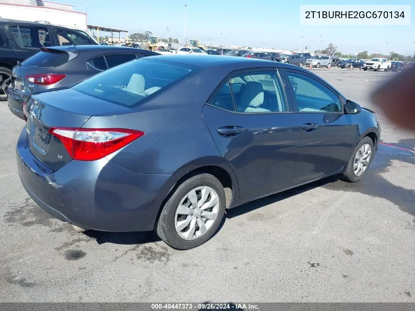 2016 Toyota Corolla Le VIN: 2T1BURHE2GC670134 Lot: 40447373