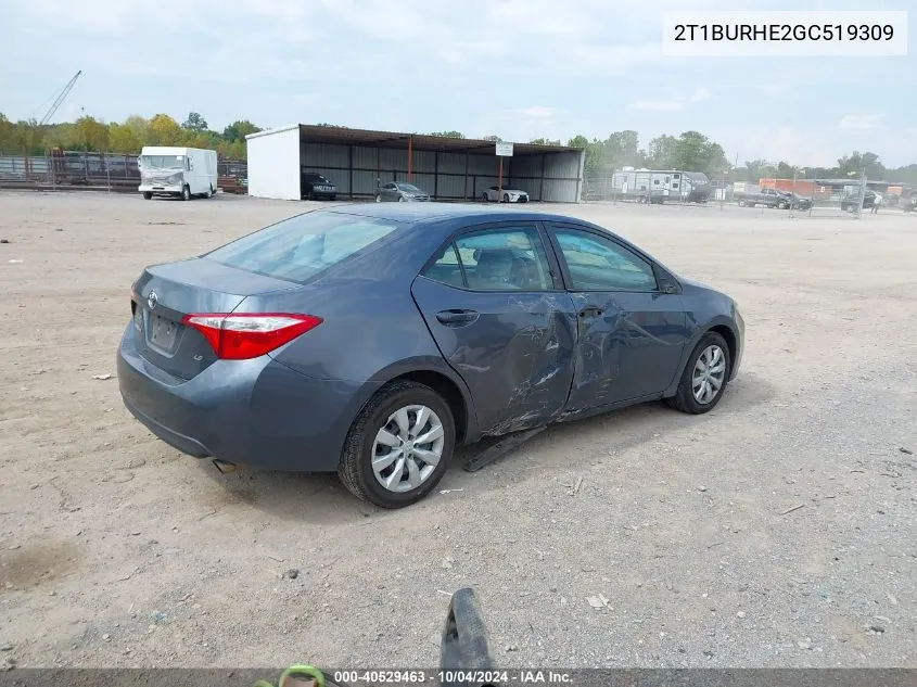 2016 Toyota Corolla Le VIN: 2T1BURHE2GC519309 Lot: 40529463