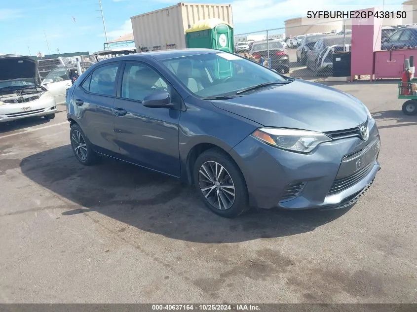 2016 Toyota Corolla Le VIN: 5YFBURHE2GP438150 Lot: 40637164