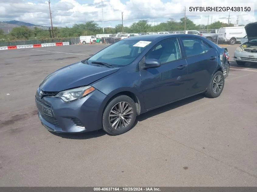 2016 Toyota Corolla Le VIN: 5YFBURHE2GP438150 Lot: 40637164