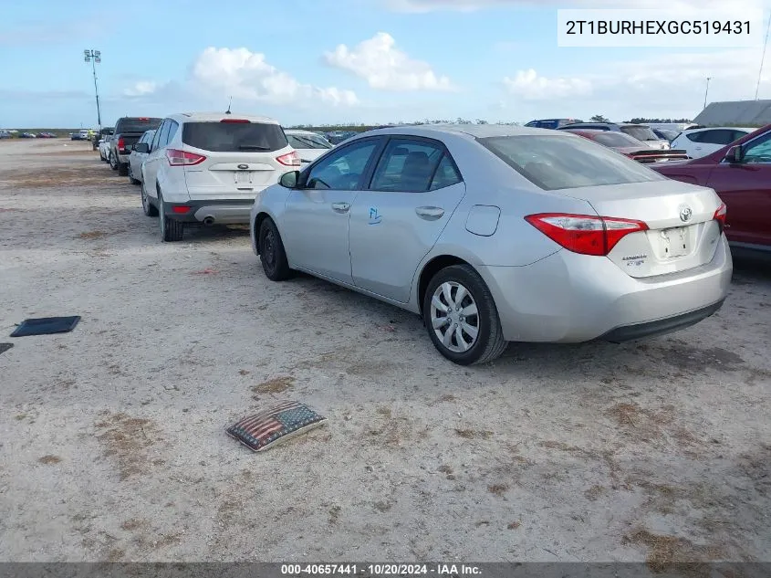 2016 Toyota Corolla L/Le/Le Pls/Prm/S/S Pls VIN: 2T1BURHEXGC519431 Lot: 40657441