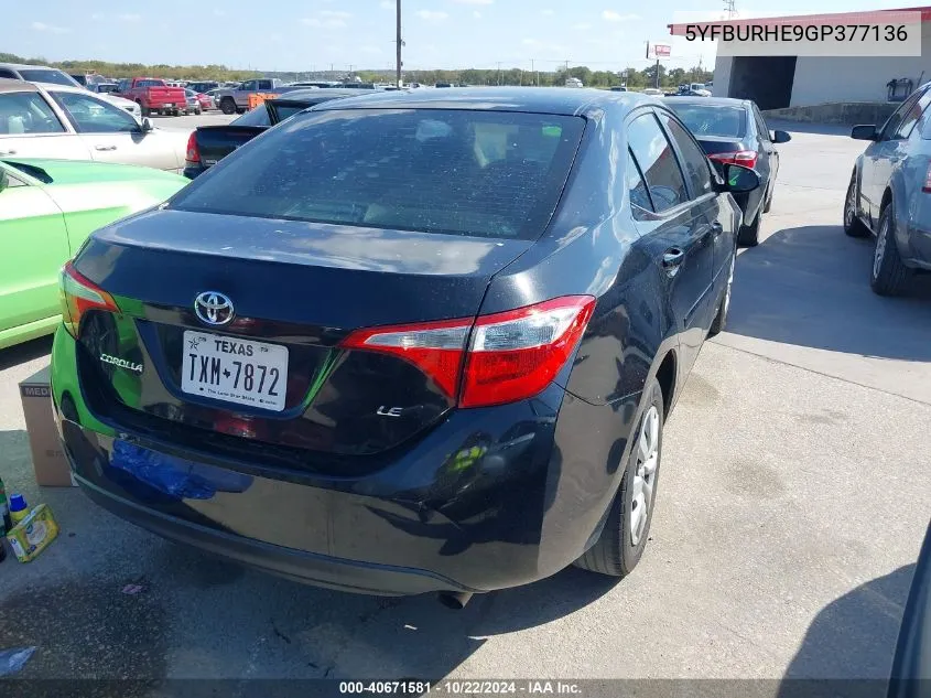 2016 Toyota Corolla Le VIN: 5YFBURHE9GP377136 Lot: 40671581