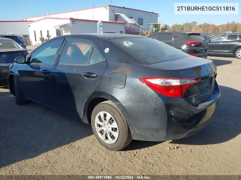 2016 Toyota Corolla L VIN: 2T1BURHE1GC511816 Lot: 40672695