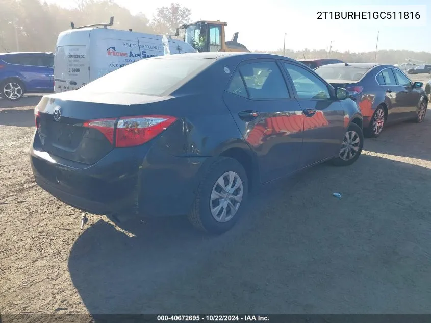 2016 Toyota Corolla L VIN: 2T1BURHE1GC511816 Lot: 40672695