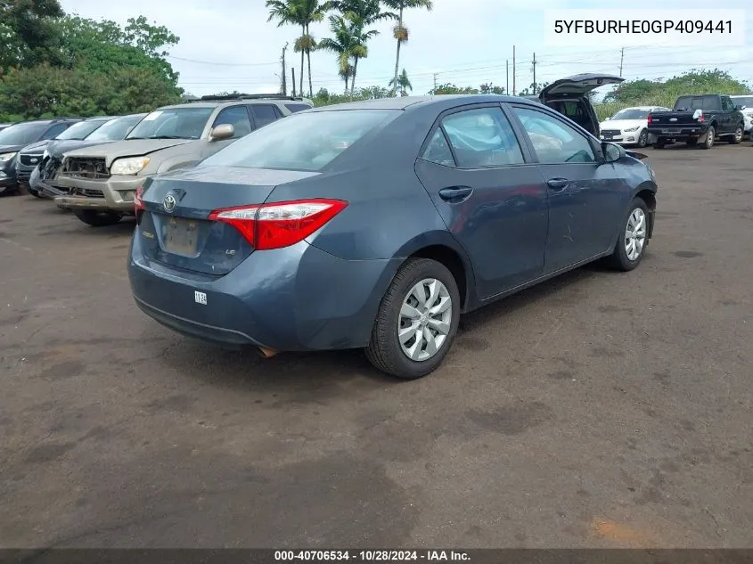 2016 Toyota Corolla Le VIN: 5YFBURHE0GP409441 Lot: 40706534