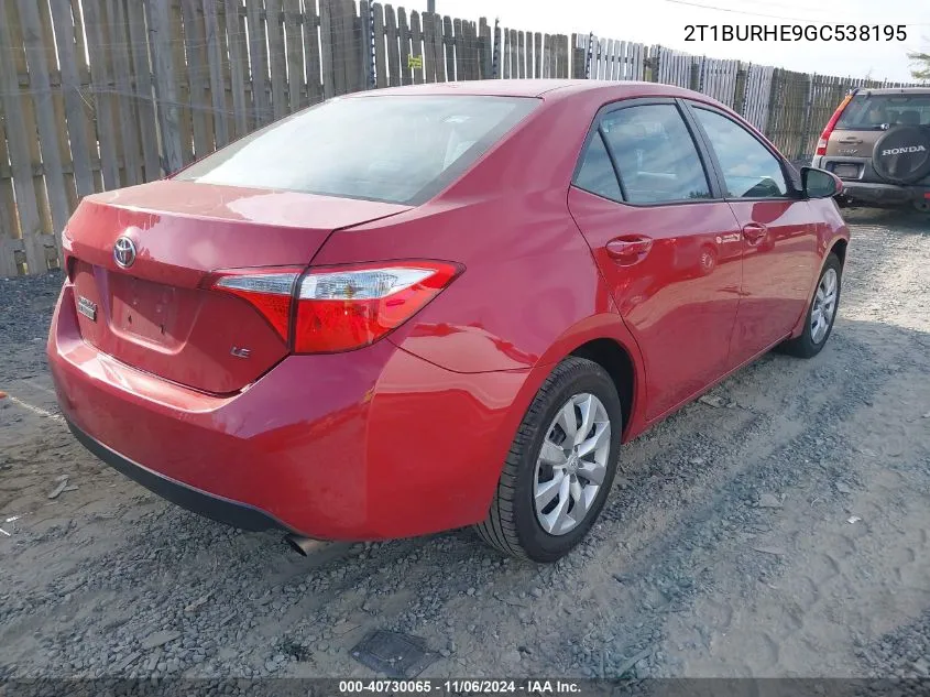 2016 Toyota Corolla Le VIN: 2T1BURHE9GC538195 Lot: 40730065