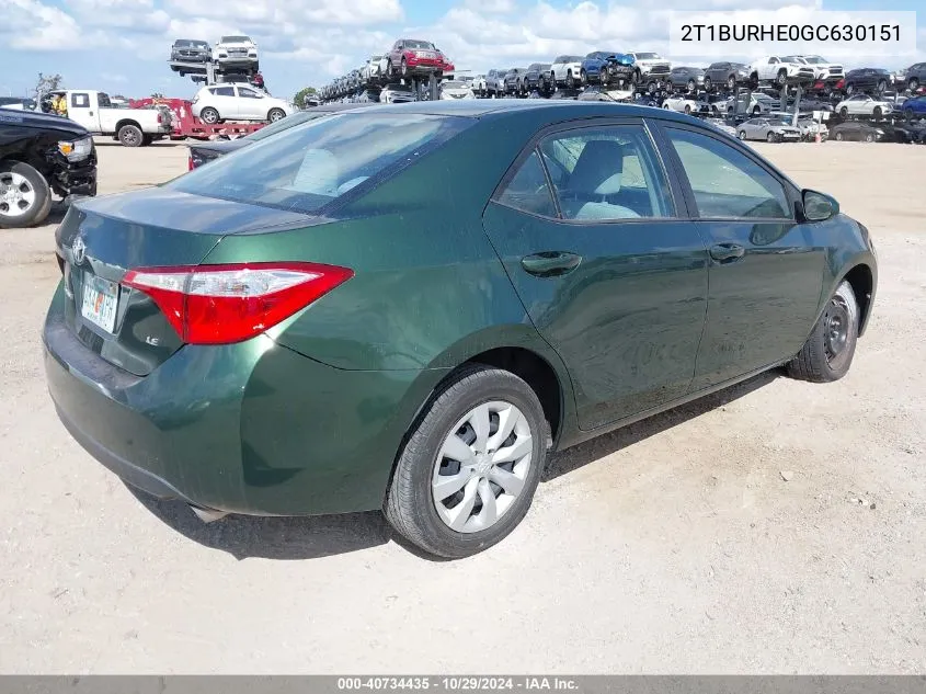 2016 Toyota Corolla Le VIN: 2T1BURHE0GC630151 Lot: 40734435