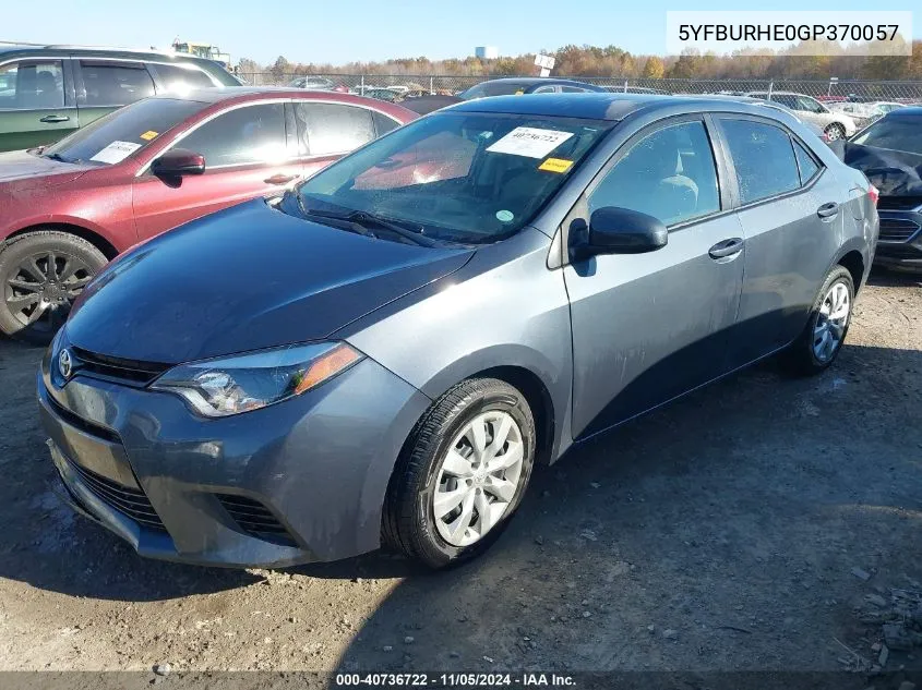 2016 Toyota Corolla Le VIN: 5YFBURHE0GP370057 Lot: 40736722