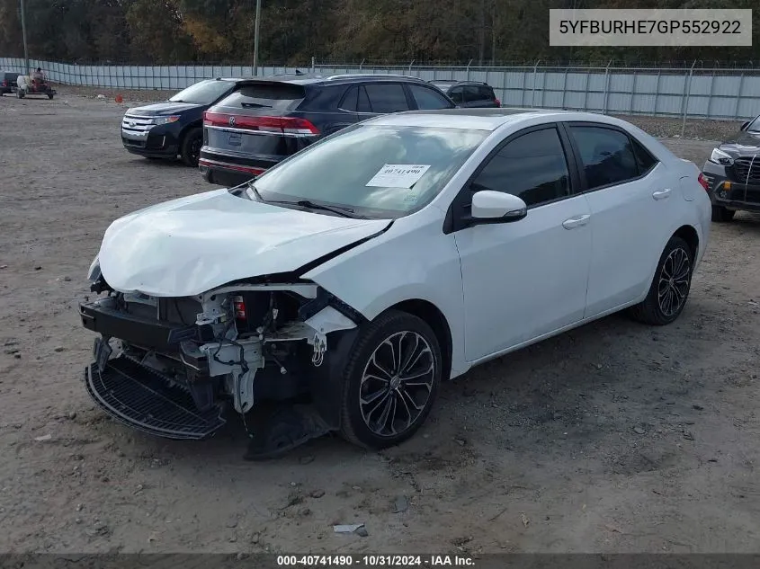 2016 Toyota Corolla S Plus VIN: 5YFBURHE7GP552922 Lot: 40741490