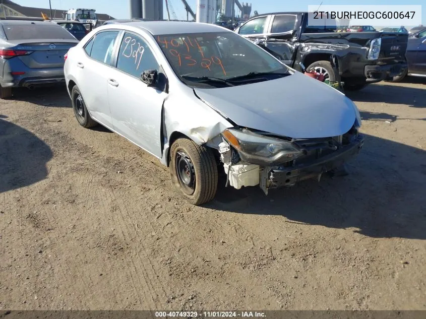 2016 Toyota Corolla L VIN: 2T1BURHE0GC600647 Lot: 40749329