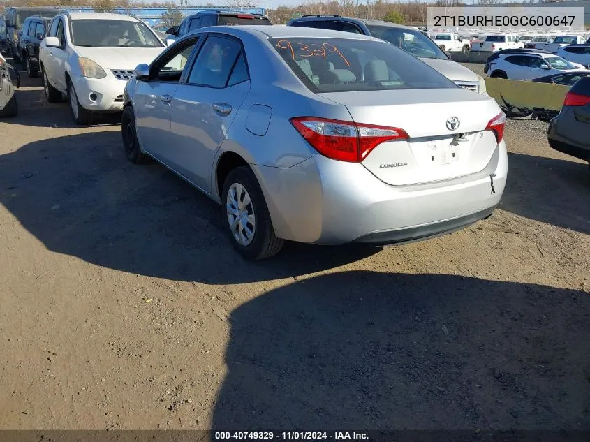 2016 Toyota Corolla L VIN: 2T1BURHE0GC600647 Lot: 40749329