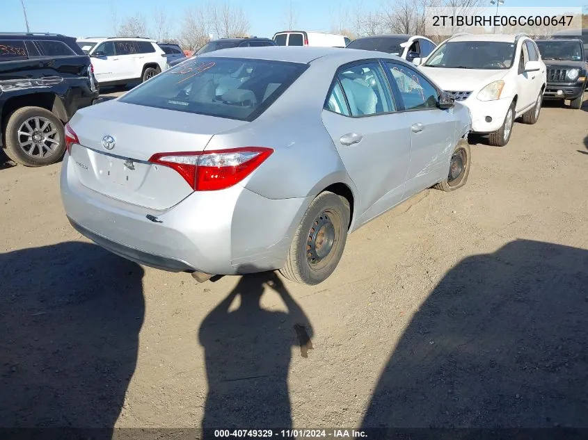 2016 Toyota Corolla L VIN: 2T1BURHE0GC600647 Lot: 40749329