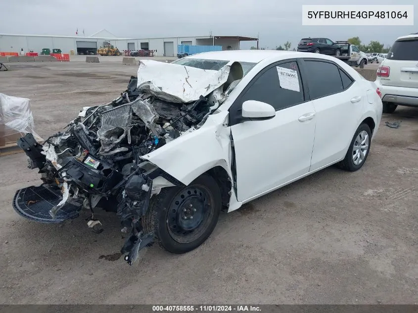 5YFBURHE4GP481064 2016 Toyota Corolla Le