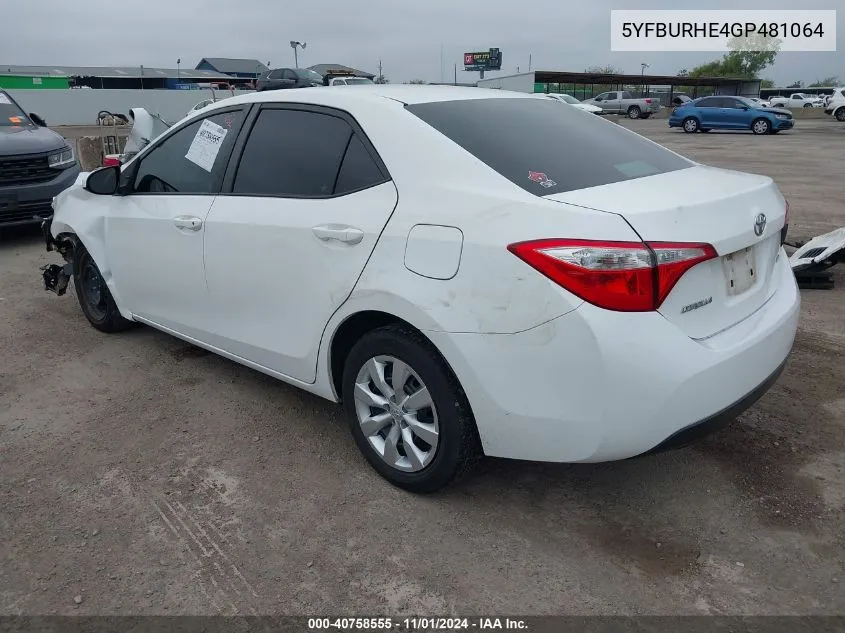 5YFBURHE4GP481064 2016 Toyota Corolla Le