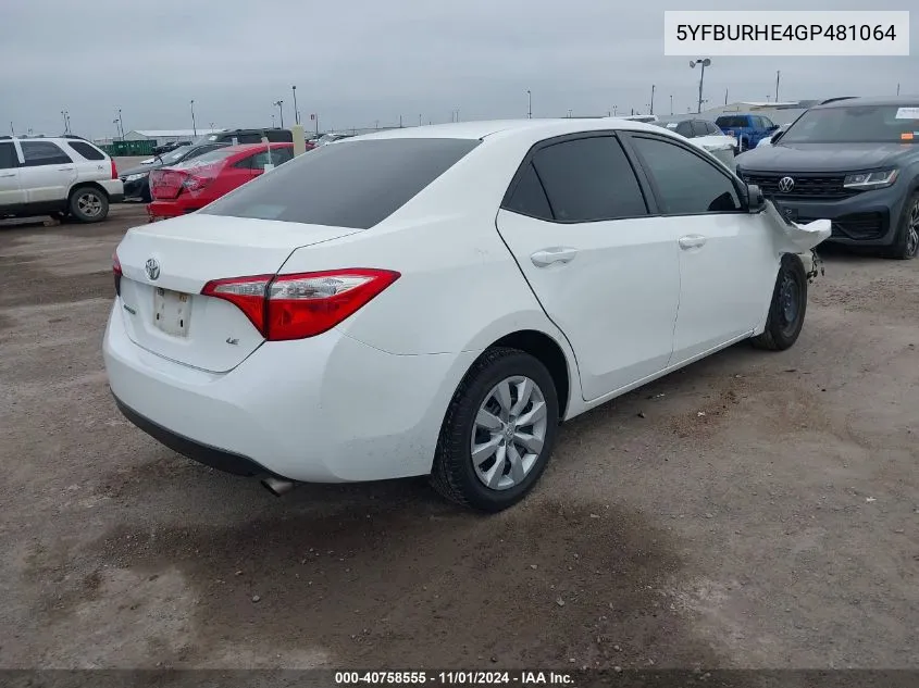 5YFBURHE4GP481064 2016 Toyota Corolla Le