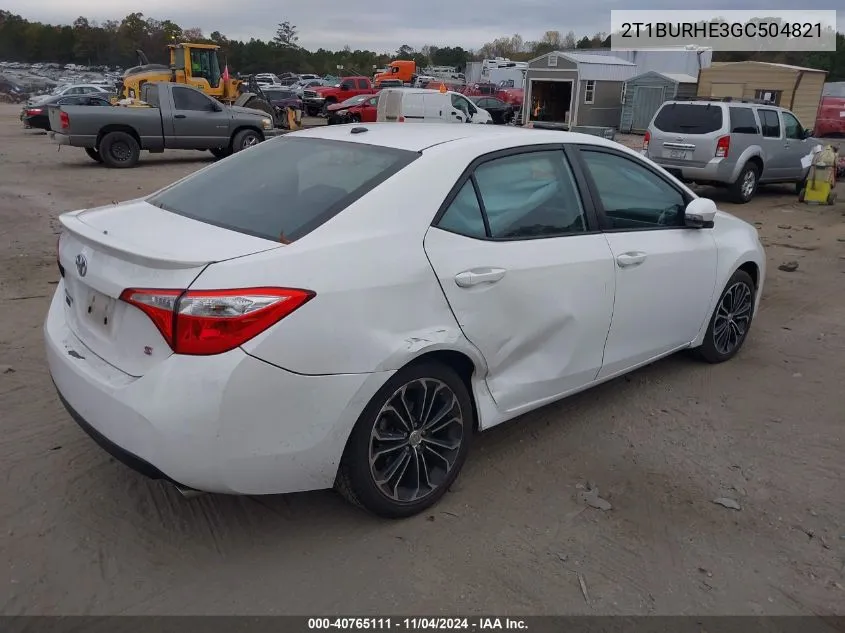 2016 Toyota Corolla S Premium VIN: 2T1BURHE3GC504821 Lot: 40765111