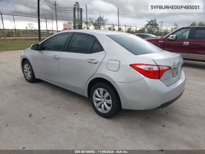 2016 Toyota Corolla Le VIN: 5YFBURHE0GP485001 Lot: 40766902