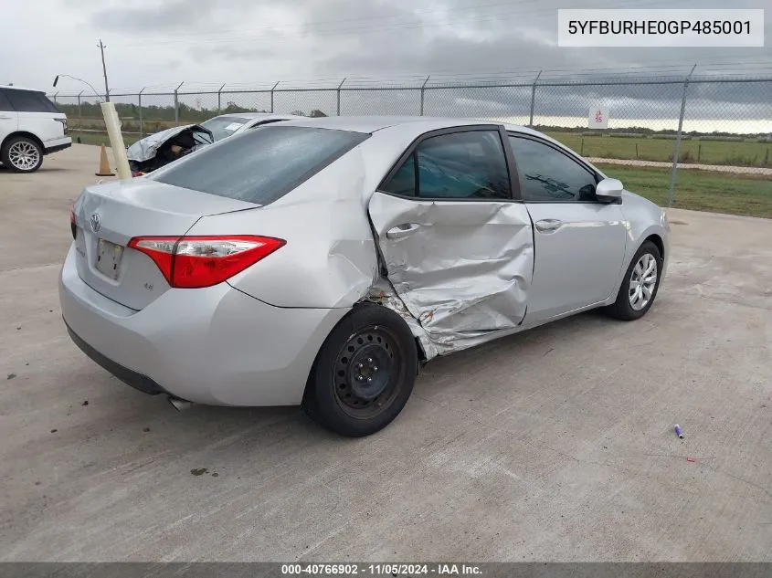 2016 Toyota Corolla Le VIN: 5YFBURHE0GP485001 Lot: 40766902