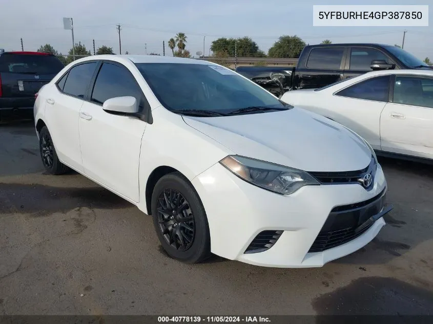 2016 Toyota Corolla Le VIN: 5YFBURHE4GP387850 Lot: 40778139