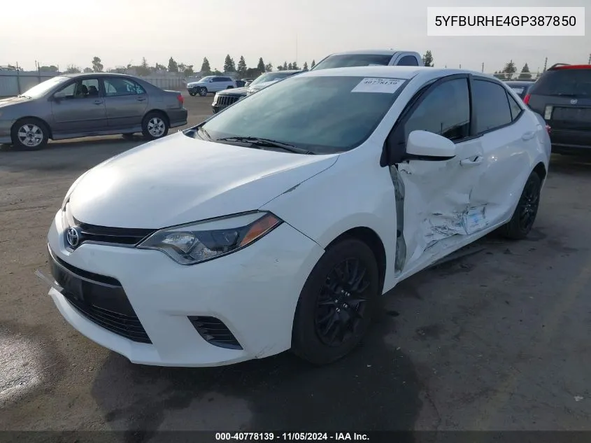 2016 Toyota Corolla Le VIN: 5YFBURHE4GP387850 Lot: 40778139