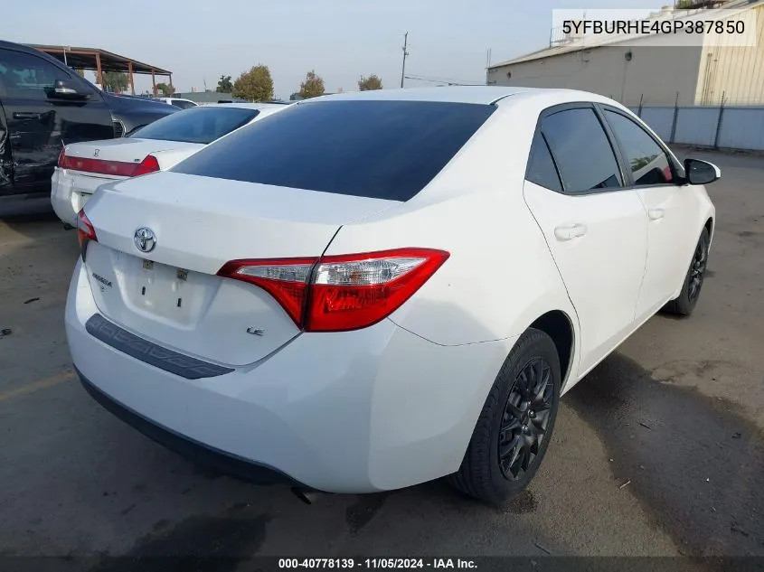 2016 Toyota Corolla Le VIN: 5YFBURHE4GP387850 Lot: 40778139