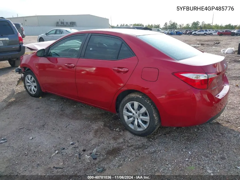 2016 Toyota Corolla Le VIN: 5YFBURHE4GP485776 Lot: 40781036