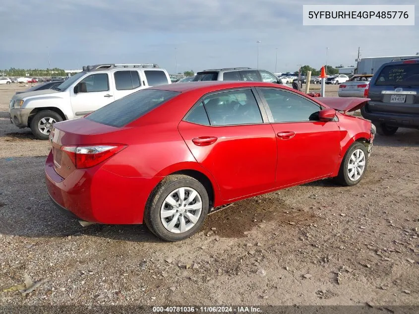 2016 Toyota Corolla Le VIN: 5YFBURHE4GP485776 Lot: 40781036