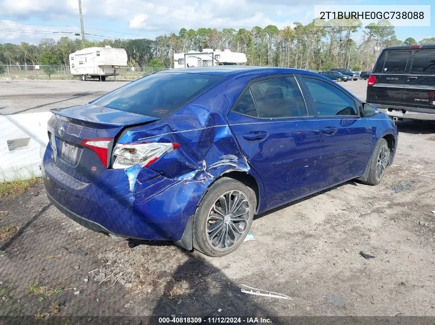 2016 Toyota Corolla S Plus VIN: 2T1BURHE0GC738088 Lot: 40818309