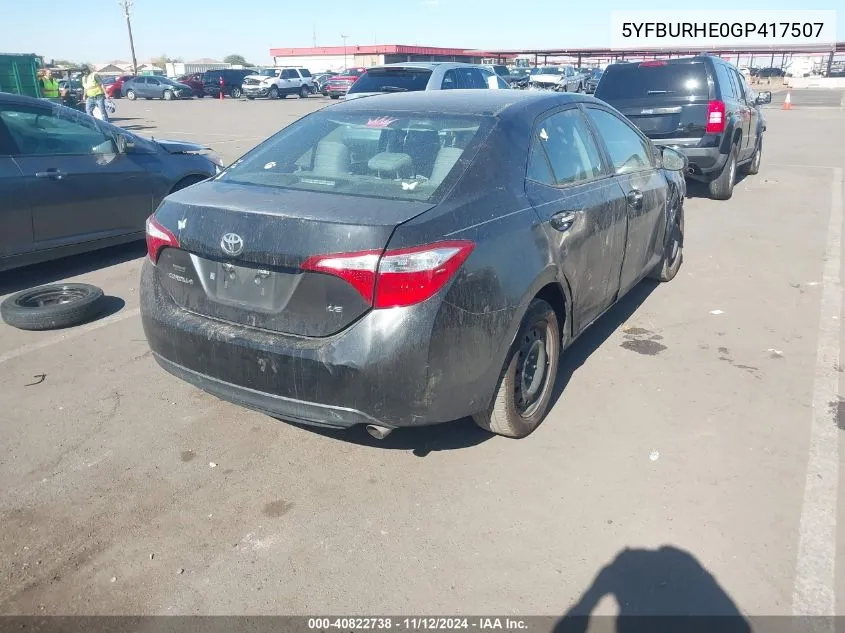 2016 Toyota Corolla Le VIN: 5YFBURHE0GP417507 Lot: 40822738